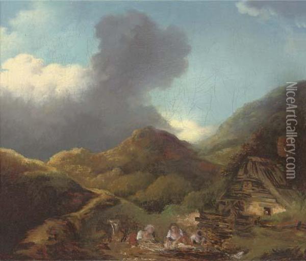 A Mountainous Landscape With Washerwomen At A River By A Cottage Oil Painting - Jean-Honore Fragonard