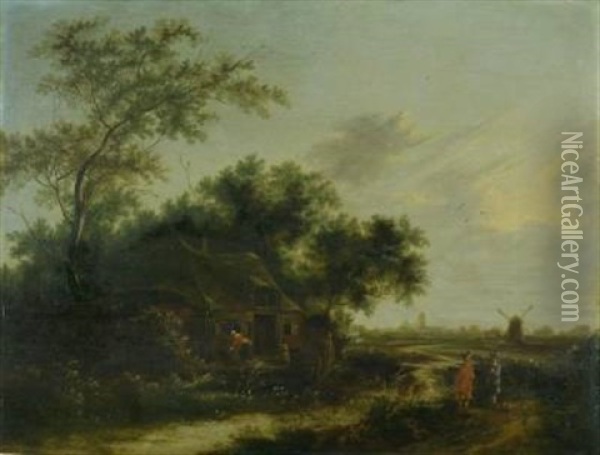 Landschaft Mit Bauernhaus Und Windmuhle Mit Staffage Oil Painting - Jacob Salomonsz van Ruysdael