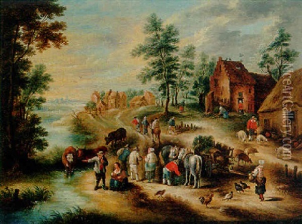 Peasnts By A Stream Near A Hamlet Oil Painting - Theobald Michau