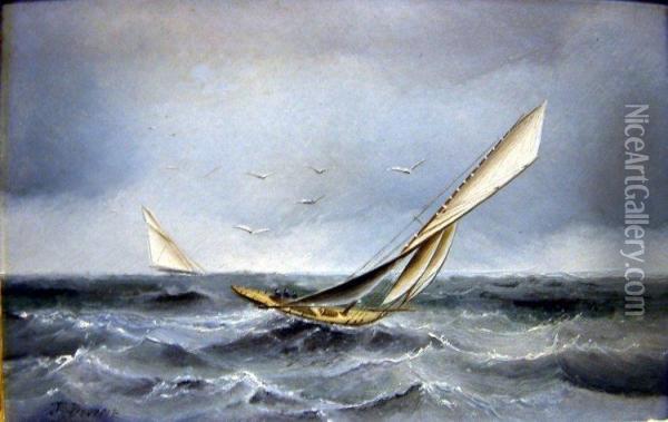 Racing Yachts On A Rough Sea Oil Painting - James C. Bourne