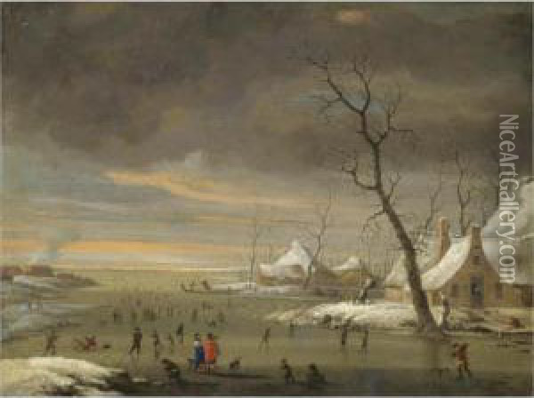 An Extensive Winter Landscape With Skaters On A Frozen River Oil Painting - Jan Abrahamsz. Beerstraaten