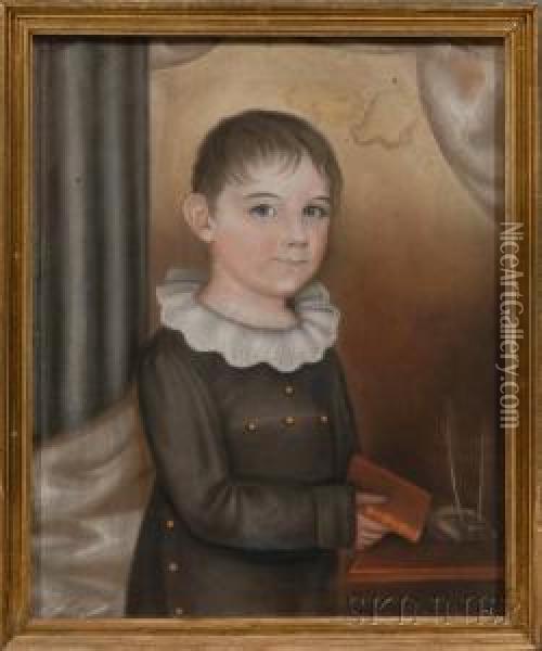 Portrait Of A Boy Holding A Book And A Pen Holder. Oil Painting - Robert Deacon Peckham