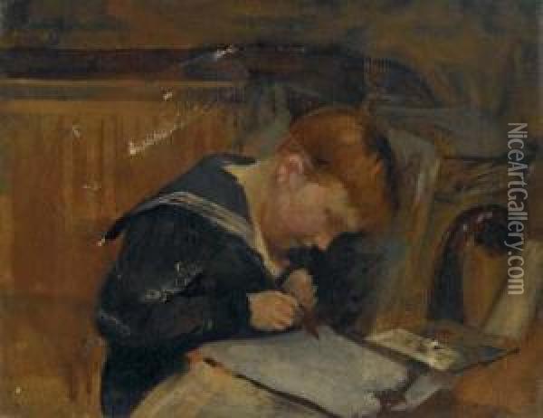 Boy Reading At A Table Oil Painting - Thomas Benjamin Kennington