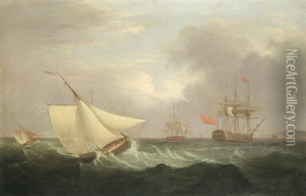 A Cutter In Heavy Seas, With A Man-of-war Beyond Oil Painting - Thomas Whitcombe