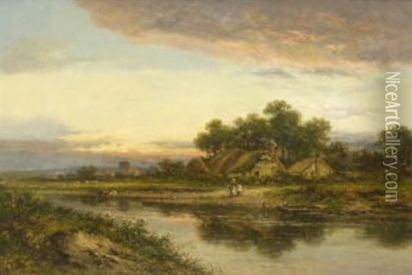 Abendliche Dorflandschaft Mit Fluss Oil Painting - Carl Brennir