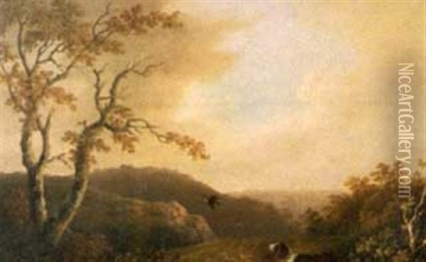 Spaniel And A Woodcock In A Landscape Oil Painting - Tobias Young
