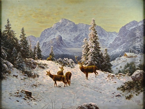 Rotwild In Schneebedeckter Landschaft Vor Alpinem Hintergrund Oil Painting - Ludwig Skell