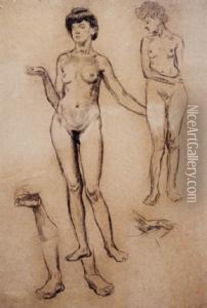 Study Of A Young Female Nude Oil Painting - Jan Preisler