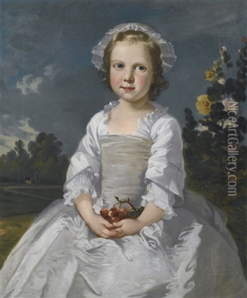 Portrait Of A Girl With Cherries, Sitting In A Landscape (collab. W/another Hand) Oil Painting - Thomas Gainsborough