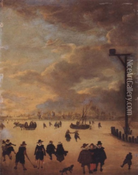 A Winter Landscape With Elegant Figures Skating And Playing Kolf On A Frozen River Oil Painting - Anthonie van Stralen