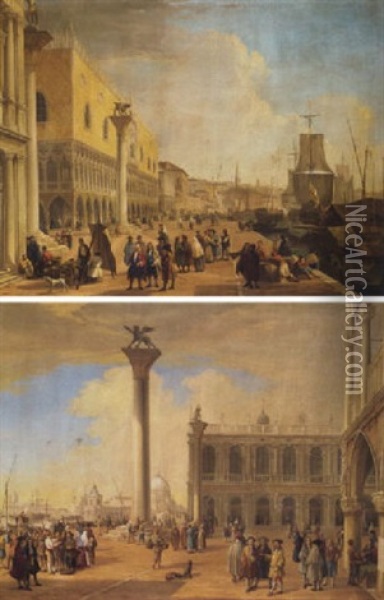 The Molo And The Riva Degli Schiavoni, Venice, Looking East, With Gentlemen, Merchants, Stevedores, Tradesmen And Townsfolk Oil Painting - Luca Carlevarijs