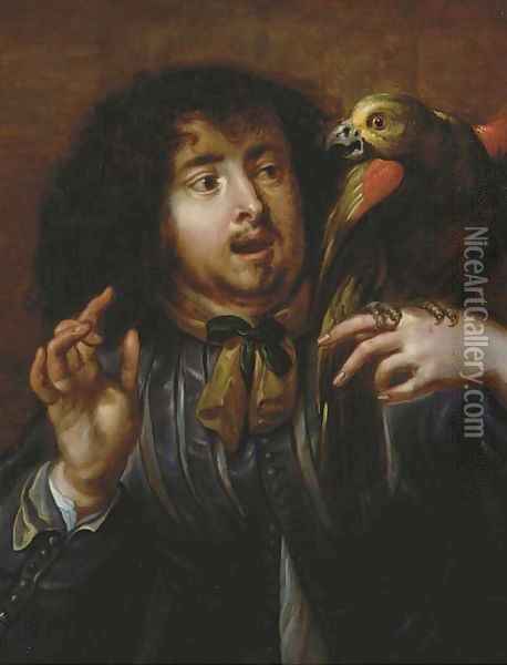 A man holding a parrot on his left hand Oil Painting - Jan Cossiers