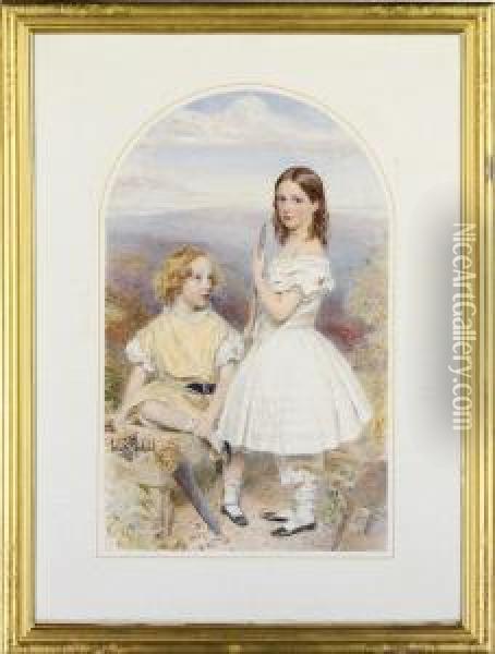 Double Portrait Of The Children Of Sir Thomas Gladstone,full-length, With Carpentry Tools Oil Painting - John Collingham Moore