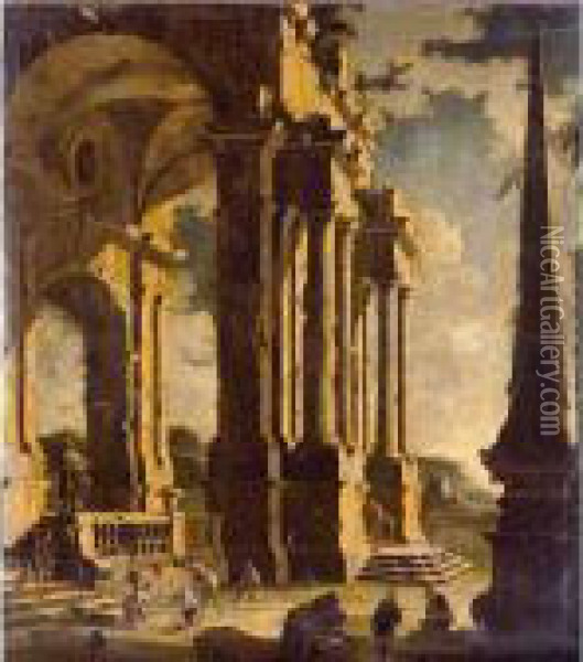 A Capriccio Of Classical Ruins With Figures Oil Painting - Leonardo Coccorant