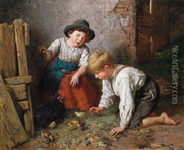 Im Huhnerstall, Zwei Knaben Mit Einem Huhn Und Seinen Kuken Oil Painting - Felix Schlesinger