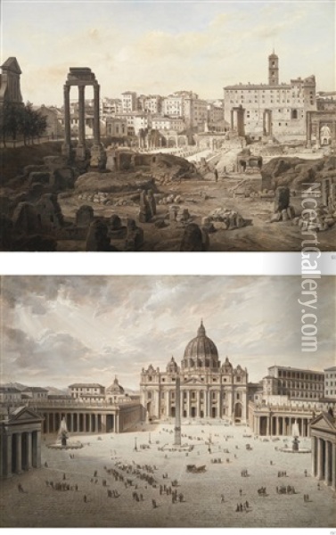 The Roman Forum; And Saint Peter's Square: A Pair Oil Painting - Joseph Langl