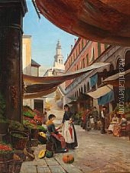 Market Scenery From Venice Oil Painting - August Fischer