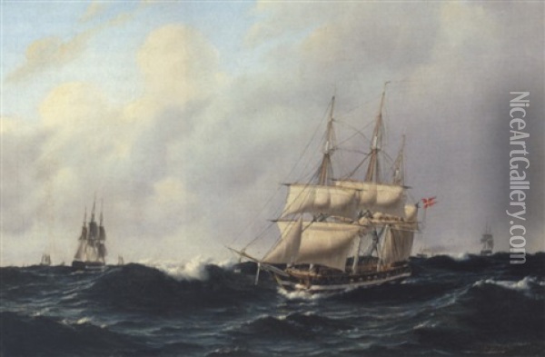 Fregatter Pa Havet I Frisk Vejr Oil Painting - Christian Frederic Eckardt