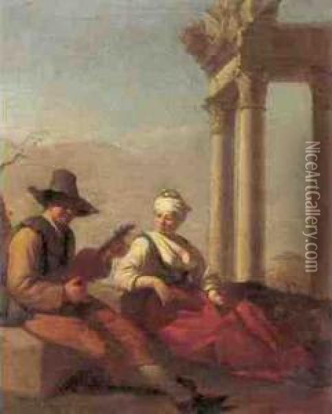 A Couple Making Music, Seated In A Landscape With Ruins Oil Painting - Job Adriaensz. Berckheyde