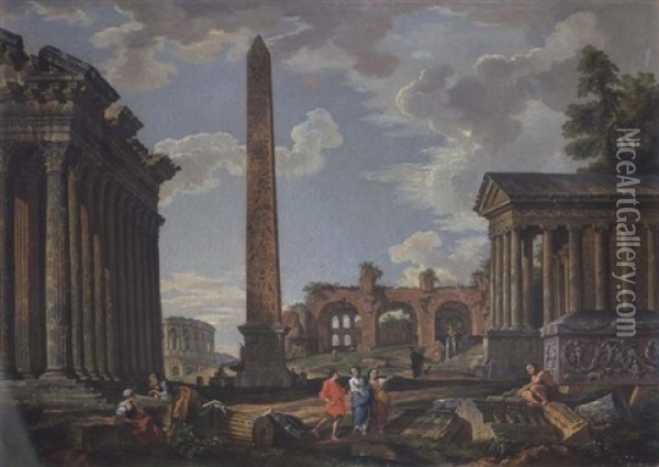 Veduta Ideata, Con Obelisco, Il Tempio Di Adriano E Quello Della Fortuna Virile Oil Painting - Giovanni Paolo Panini
