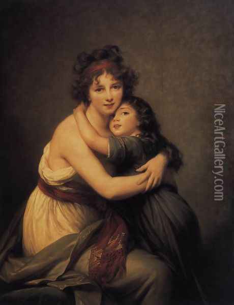 Self-Portrait with Her Daughter, Julie c. 1789 Oil Painting - Elisabeth Vigee-Lebrun