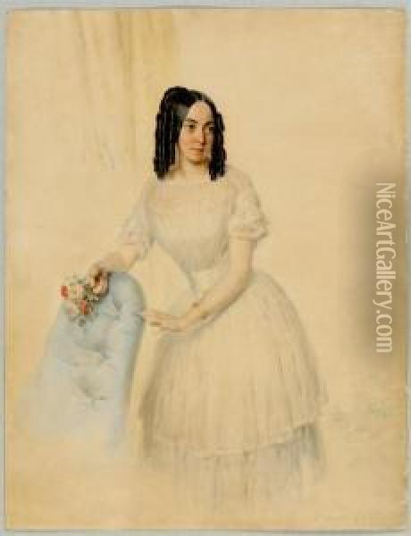 Portrait Of A Young Lady In White Dress. Oil Painting - Frederic Millet