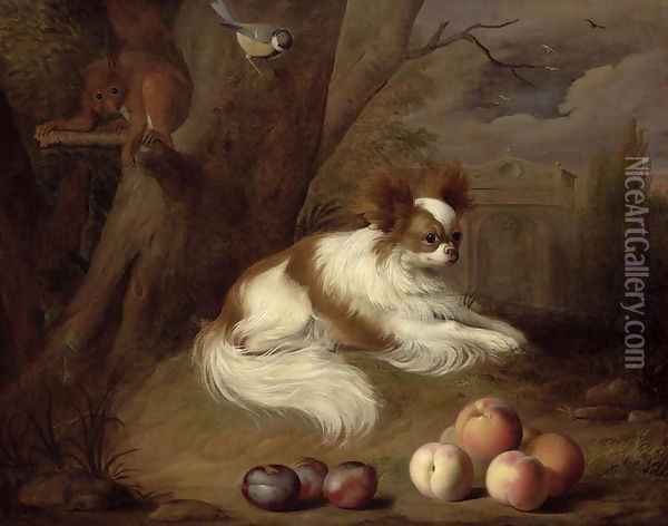 A Spaniel by a Tree with a Squirrel and a Blue-tit Oil Painting - Jakab Bogdany
