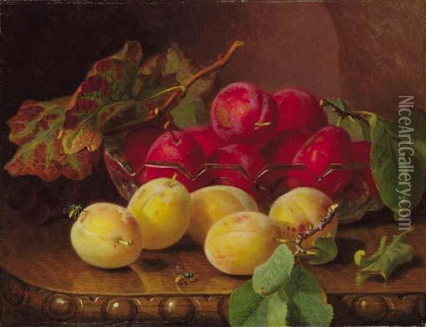 Plums On A Table In A Glass Bowl Oil Painting - Eloise Harriet Stannard
