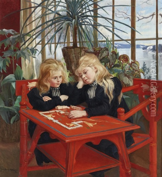 Dominospel Oil Painting - Gerda Roosval-Kallstenius