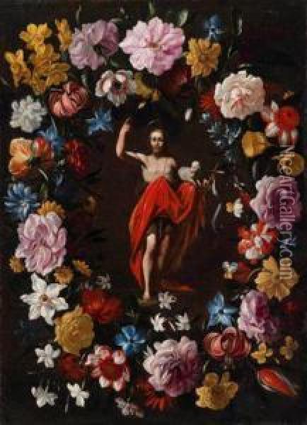 Eine Blumengirlande Um Ein Medaillon Mit Dem Auferstandenen Christus Oil Painting - Giovanni Stanchi