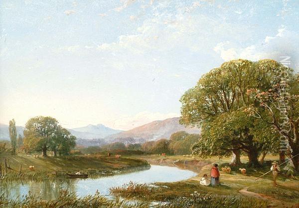 River Landscape With Figures On The Bank Oil Painting - William Williams