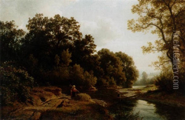 Landskap Med Figurer Vid Back Oil Painting - Hans Frederick Gude
