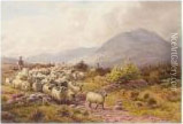 Shepherds Driving Sheep On A Path In The Hills Oil Painting - Henry Birtles