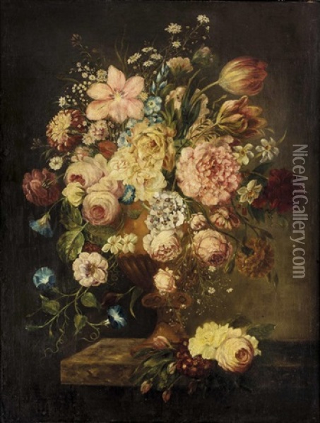 Groses Blumenstillleben In Einer Steinvase Oil Painting - Mario Nuzzi