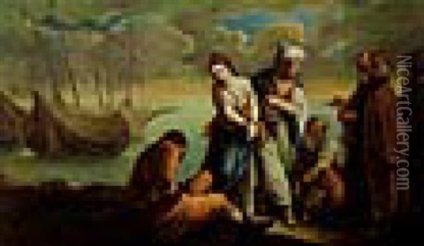 Drei Gefangene Christen, Darunter Eine Junge Frau, Werden An Einen Turkischen Pascha Verkauft, Im Hintergrund Piratenschiffe Oil Painting - Giuseppe Bonito