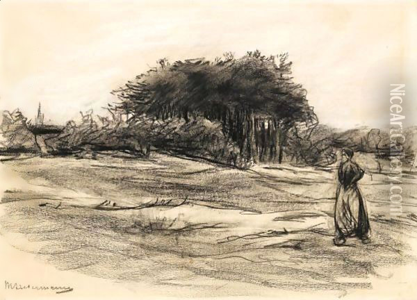 A Peasant Woman In A Field, With Trees Behind Oil Painting - Max Liebermann