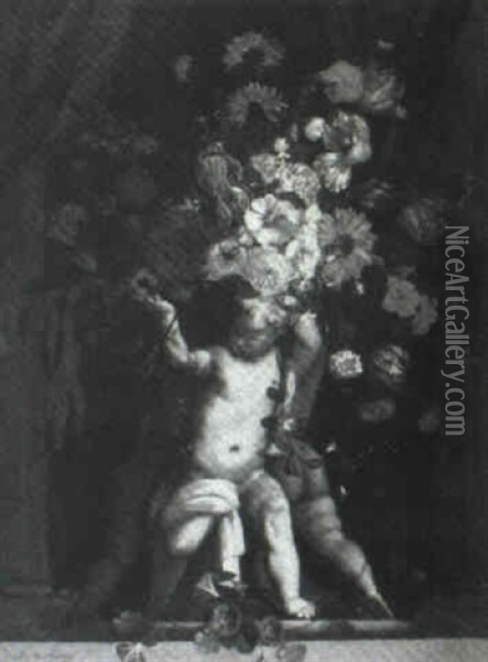 Bouquet Of Flowers In An Urn Supported By Three Stone Putti Oil Painting - Pieter Hardime
