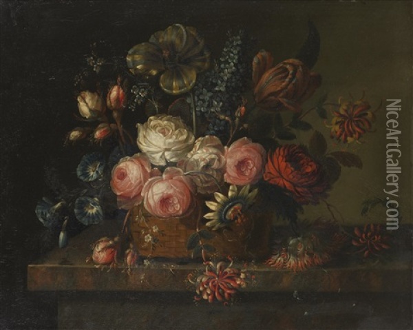 A Still Life Of Roses, Convolvulus, Tulips, Honeysuckle, A Passion Flower And Other Flowers In A Basket On A Marble Ledge; And A Still Life Of Roses, Tulips, Hyacinths, Honeysuckle And Other Flowers In A Basket Beside Strawberries And A Peach (pair) Oil Painting - Johann Nepomuk Mayrhofer
