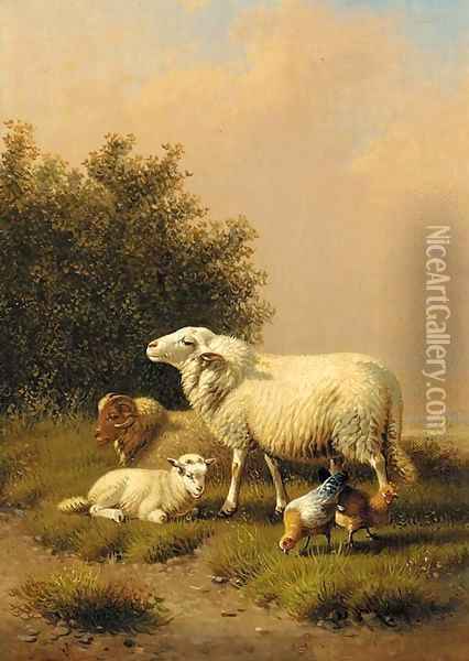 Sheep and poultry in a landscape Oil Painting - Eugene Verboeckhoven