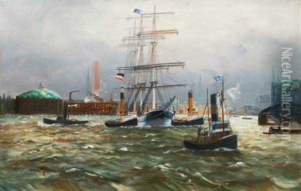 Three Master And Towboats In Hamburg Oil Painting - Alfred Serenius Jensen