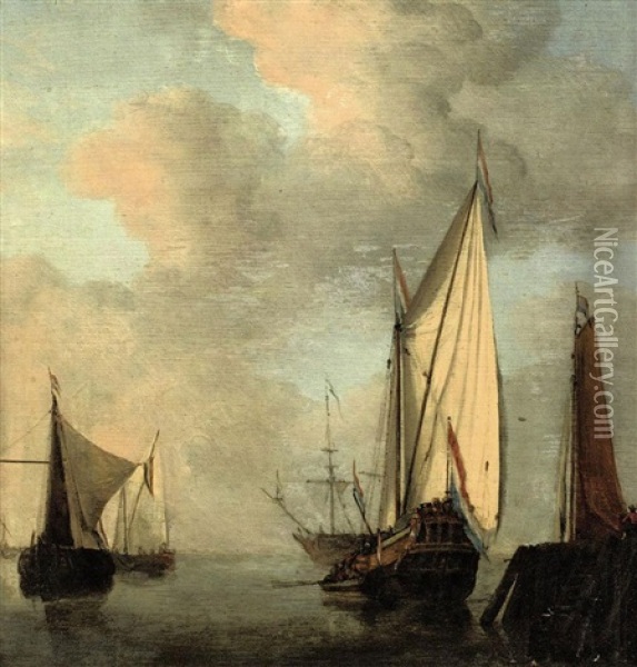 Shipping Off A Jetty In Calm Waters Oil Painting - Jan van de Velde II
