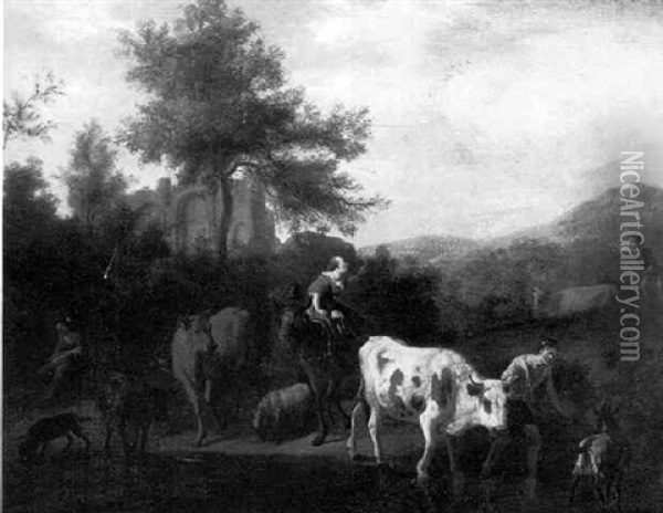 Italianate Landscape With Figures And Cattle Oil Painting - Dirk van Bergen