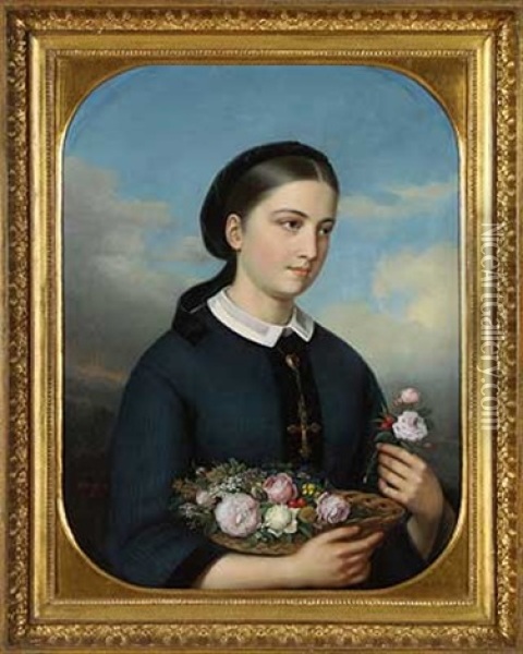 Portrait Eines Madchens Mit Blumenkorb Oil Painting - Jean Baptiste Bonjour