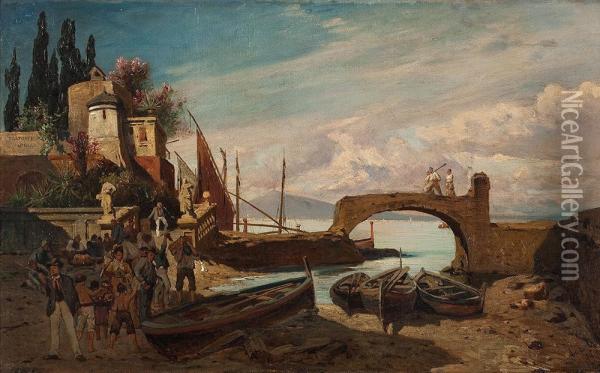 Hafenszene In Suditalien Oil Painting - Julius Jacobus Van De Sande Bakhuyzen