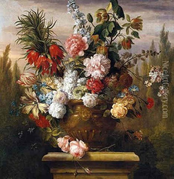 Still Life Of Tulips, Chrysanthemums, Roses, Carnations, Stocks, Honeysuckle And Morning Glory In A Sculpted Urn Upon A Stone Plinth, In A Garden Setting Oil Painting - Jakob Bogdani