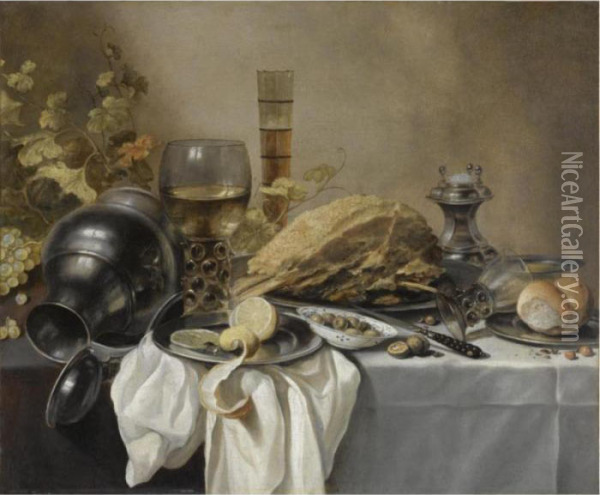 A Still Life With An Overturned 
Pewter Jug, A Roemer And A Bluelined Beer Glass, Surrounded By Grapes 
And Leaves, A Pewter Platewith A Ham, A Salt Cellar, A Roll And A Sliced
 Lemon On Pewterplates With Olives In A Porcelain Bowl Oil Painting - Pieter Claesz.