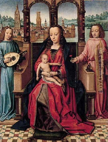 The Virgin And Child Enthroned With Music-making Angels Before A Prospect Of Bruges Oil Painting -  Master of the Legend of Saint Lucy