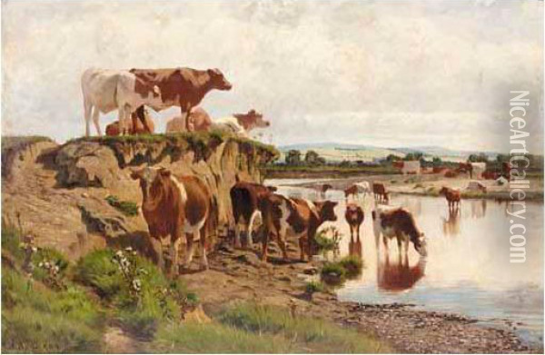 Cattle Watering Oil Painting - Augustus Nicolas Burke