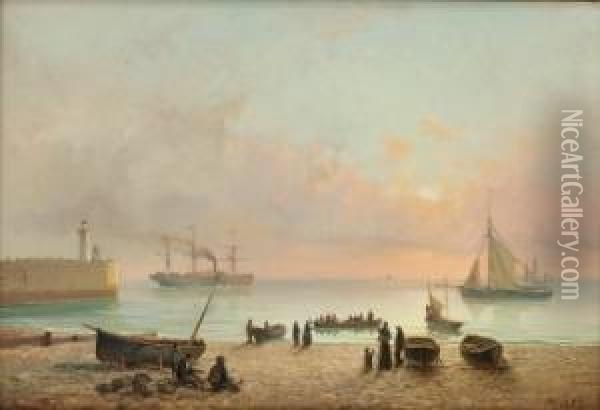 Strandparti Med Folkeliv 1877 Oil Painting - Johan Jacob Bennetter