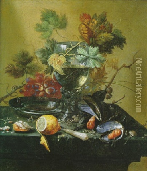 Nature Morte Au Verre Rohmer, Raisins Et Citron Sur Un Entablement Oil Painting - Cornelis Cruys